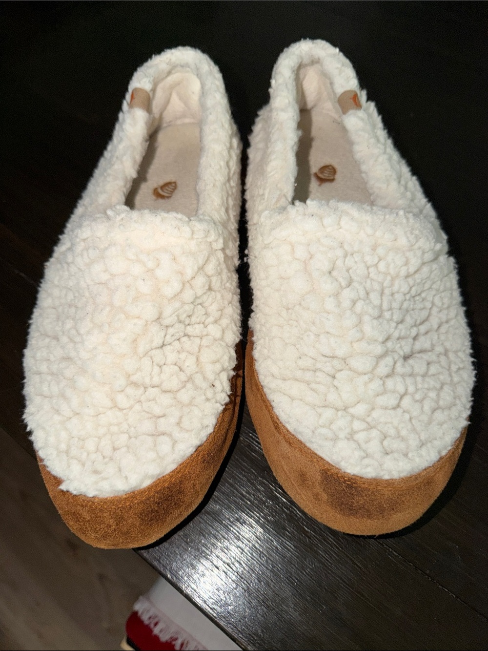 Acorn Cream Sherpa Slip-On Loafers with Brown Suede Trim
